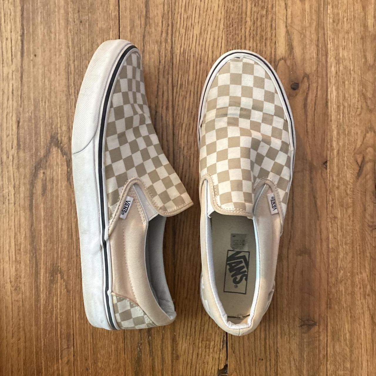 light pink taupe checkered slip on vans used with a