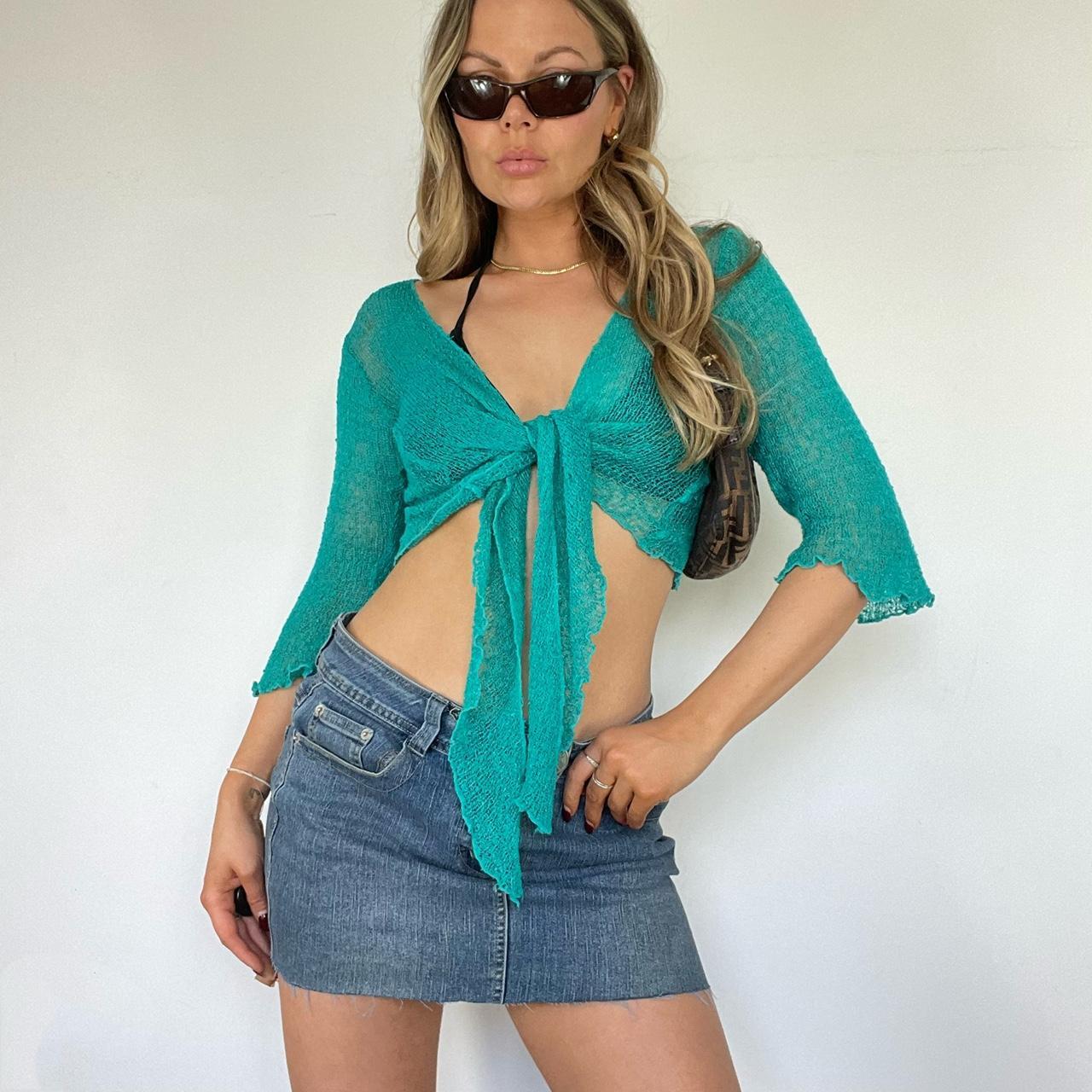 Y2k tie top Vintage knit tie front top, turquoise | Depop Y2k tie top Vintage knit tie front top, turquoise | Depop