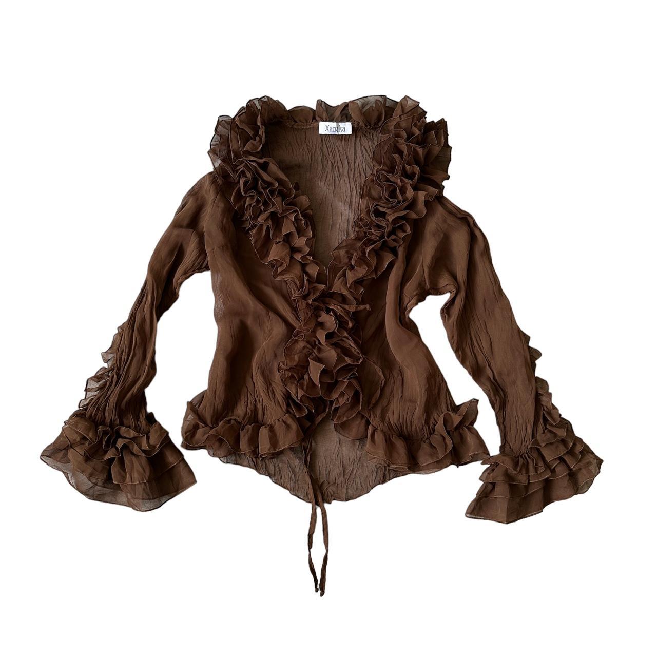 y2k mesh ruffle top Vintage brown ruffle top, tie... - Depop