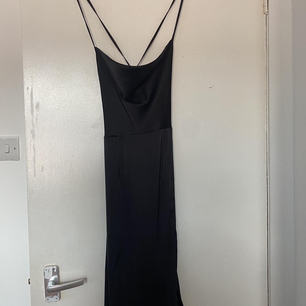 long black silk dress, detail on the back, slit in... - Depop