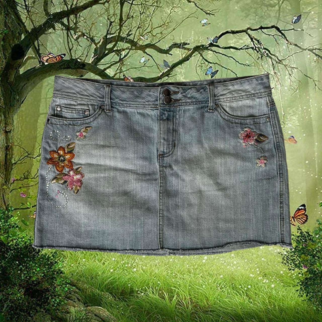Y2k 90s Floral Embroidered Denim Mini Skirt Depop