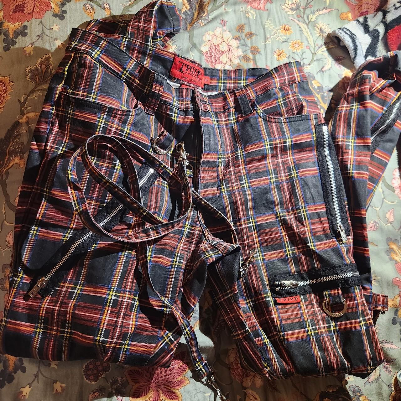 Tripp NYC Red Plaid Bondage pants with straps #GOTH Depop