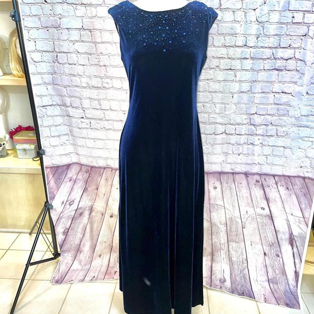 Vintage 80s/90s Velvet Dress, Navy Blue, Rhinestones - Depop