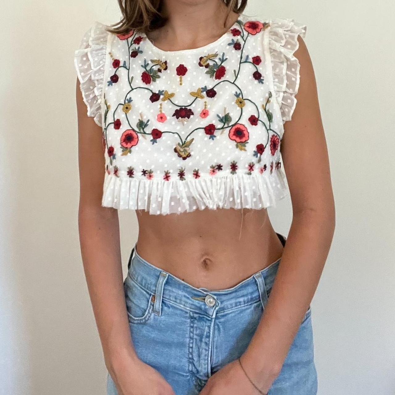 Embroidered floral crop top White tank top attached Depop