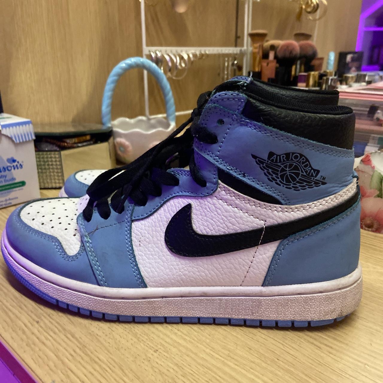 purple and light blue jordans