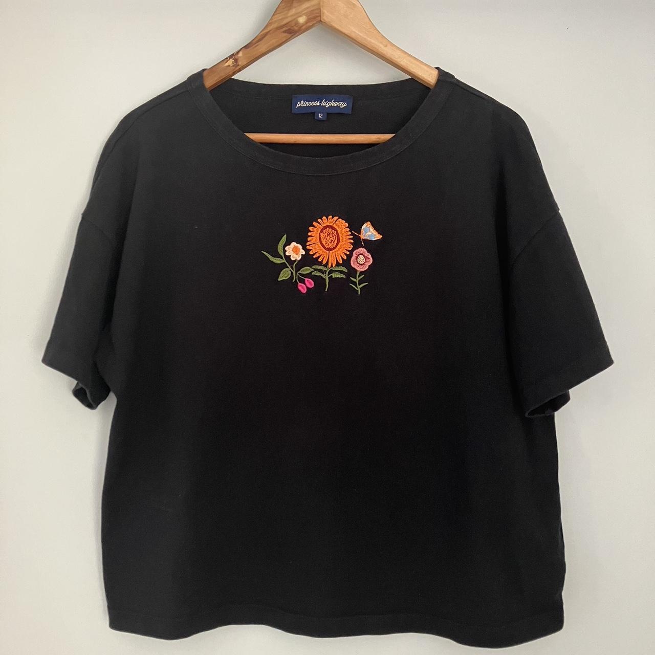 Princess Highway Black floral embroidered Tshirt... - Depop