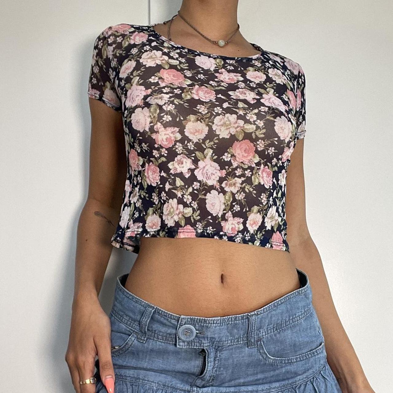 Y2k mesh floral crop top. Top is mesh, navy with... - Depop