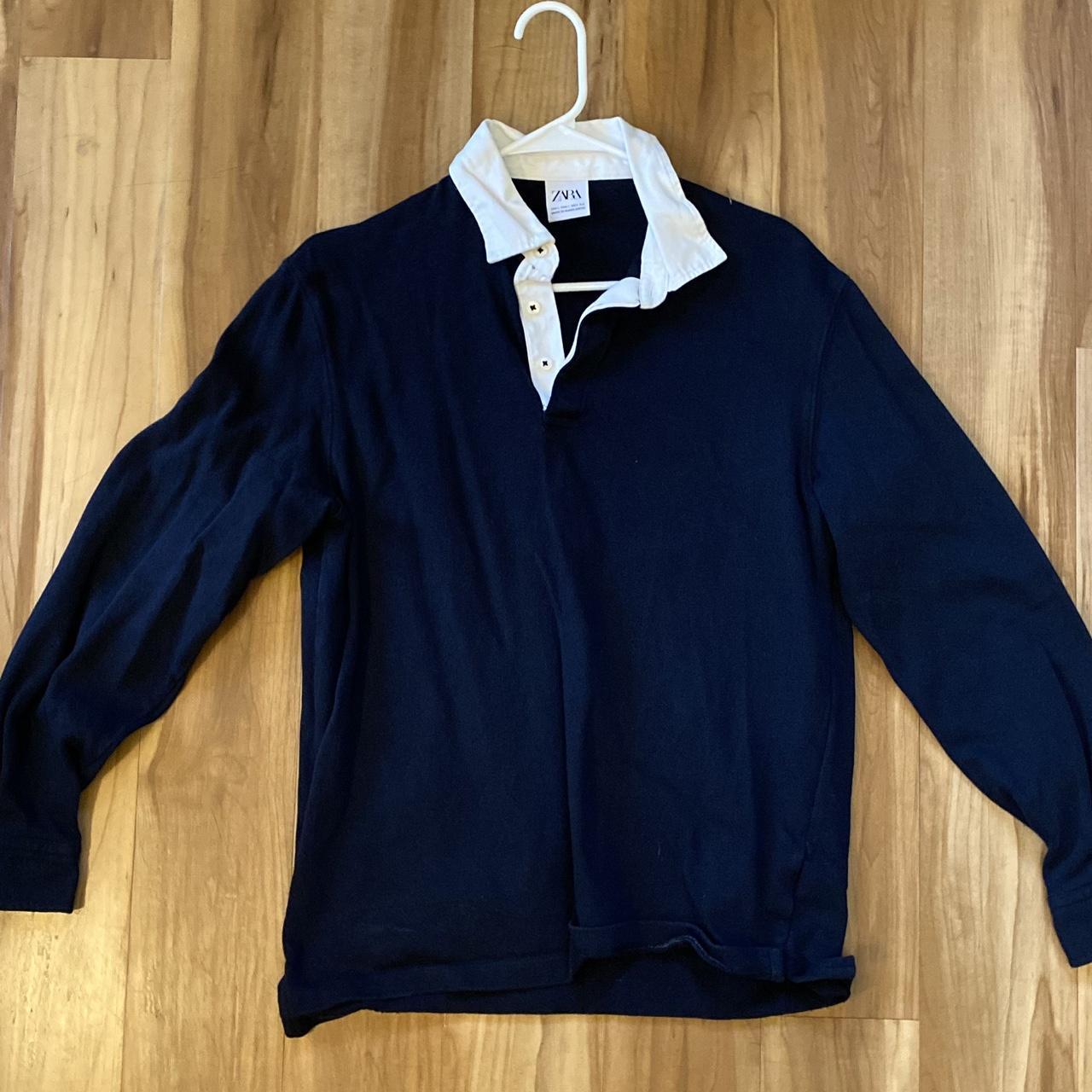 navy blue and white rugby-styled collared... - Depop