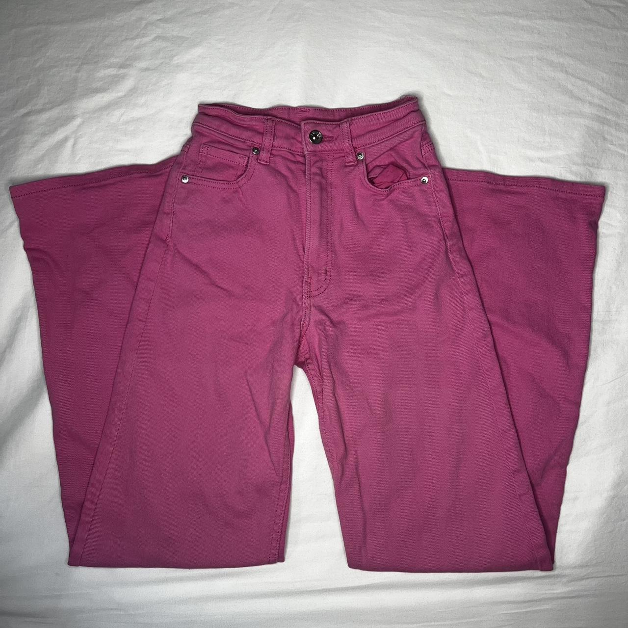 hot pink wide leg h&m jeans high waisted size 0,... - Depop
