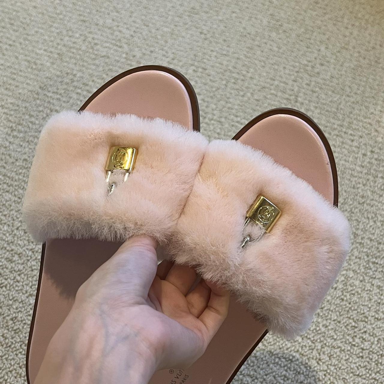 Louis Vuitton Pink Mink Fur Lock It Flat Slides Size 36