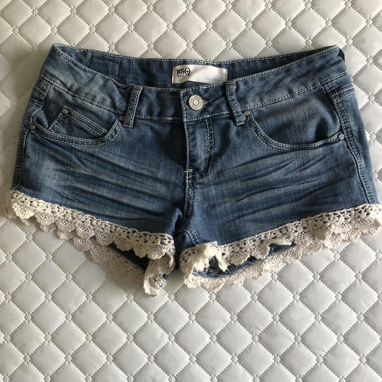 mini denim jean shorts with lace trim from RSQ... - Depop