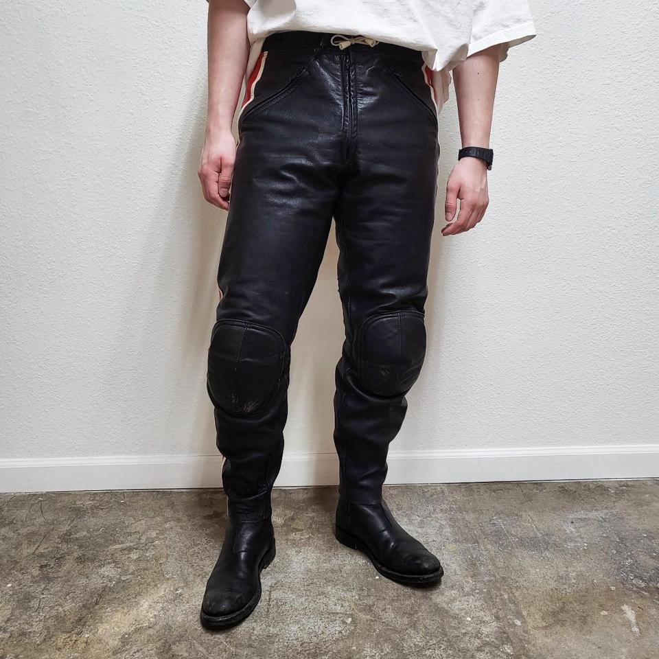 Vintage leather Biker pants with red and white side - Depop