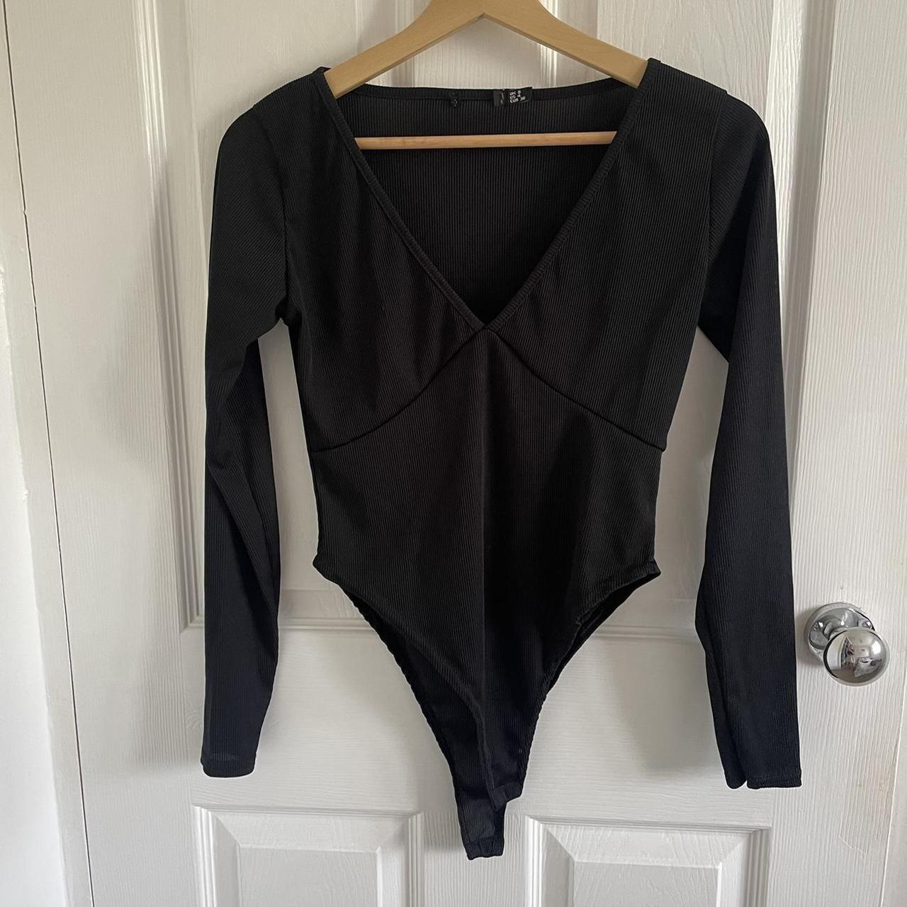 Brand New Black V Neck Ribbed Long Sleeve Bodysuit Depop