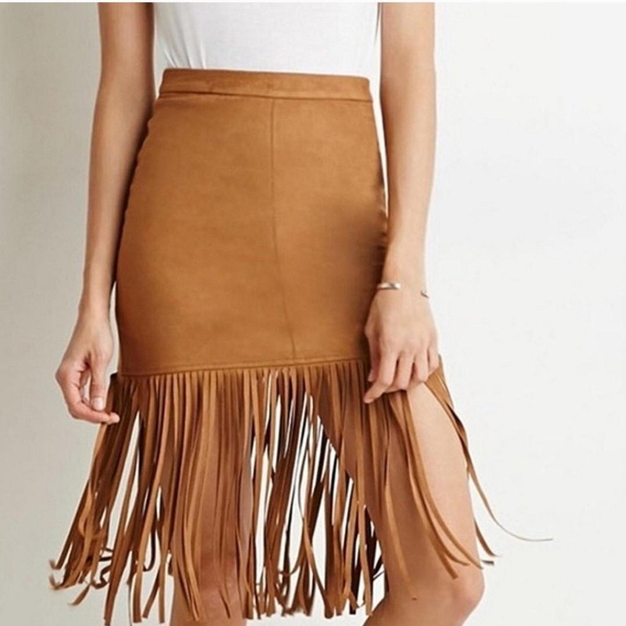 Forever 21 Brown Suede Fringe Skirt Size Depop