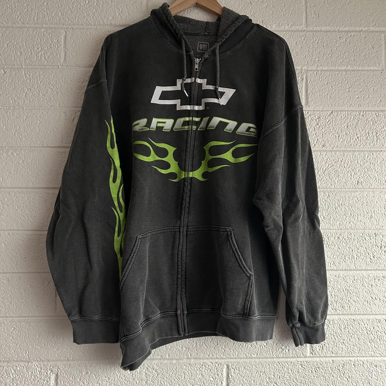 vintage style chevy racing black grey and green zip. Depop