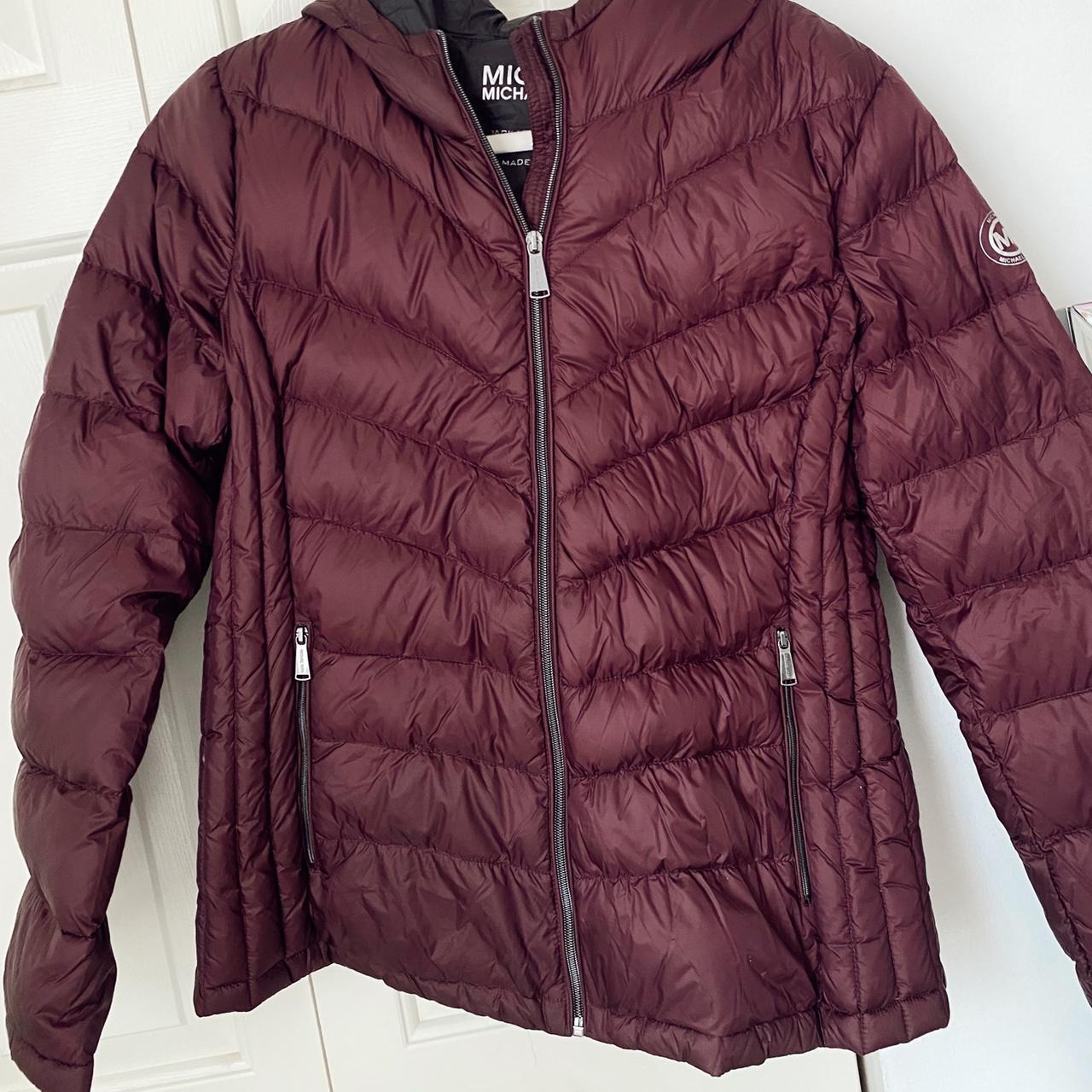 womens burgundy michael kors jacket size large - Depop