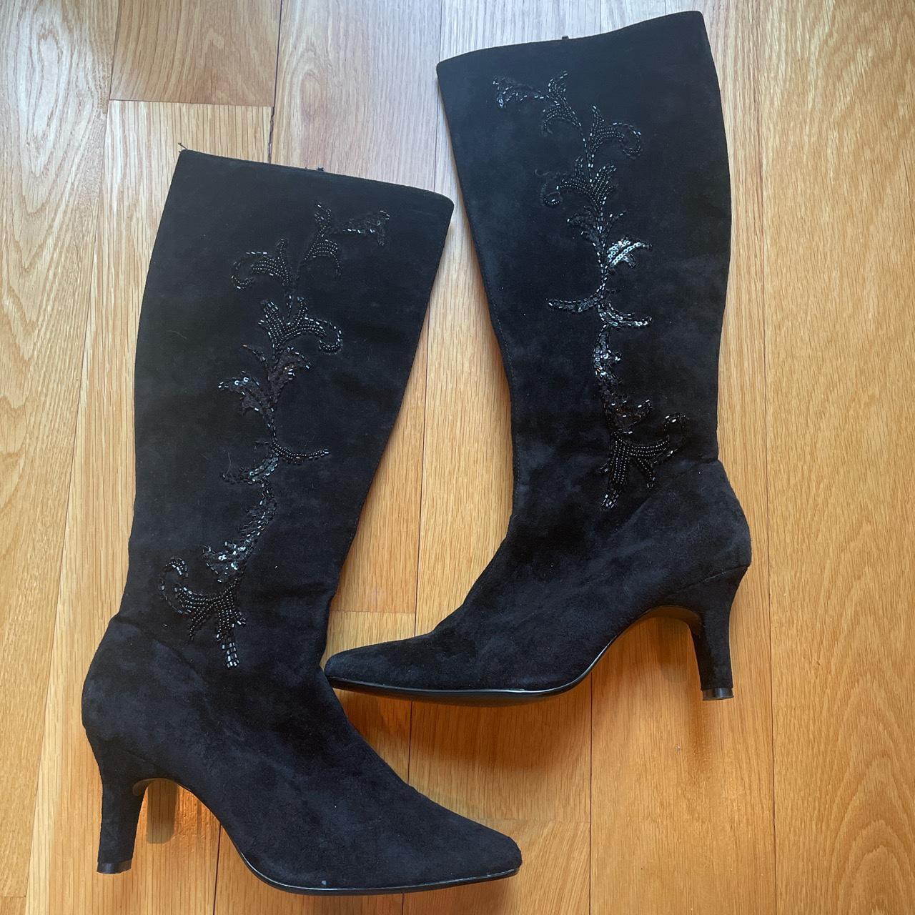 Black suede boots with side beading. Silk Assets by Depop