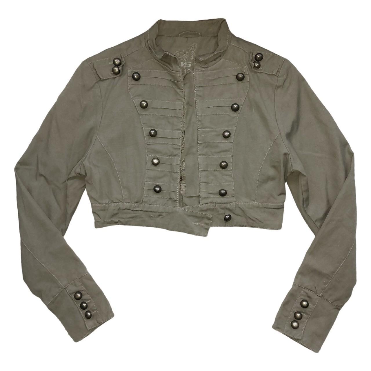 Indie sleaze khaki cropped military jacket with hook...