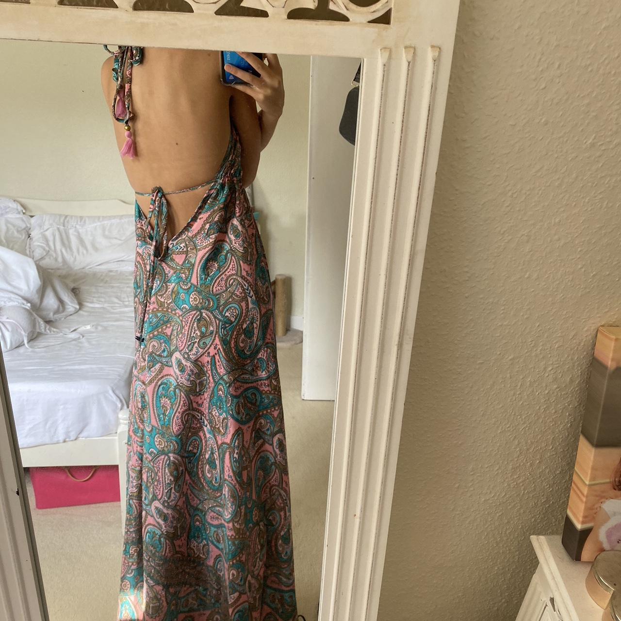 silk halter neck maxi dress beautiful pattern pink... - Depop