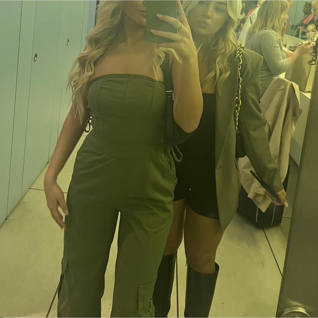 Pretty Little Thing petite khaki lace up bandeau... Depop