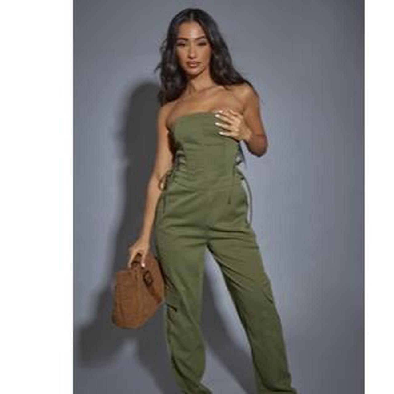 Pretty Little Thing petite khaki lace up bandeau... Depop