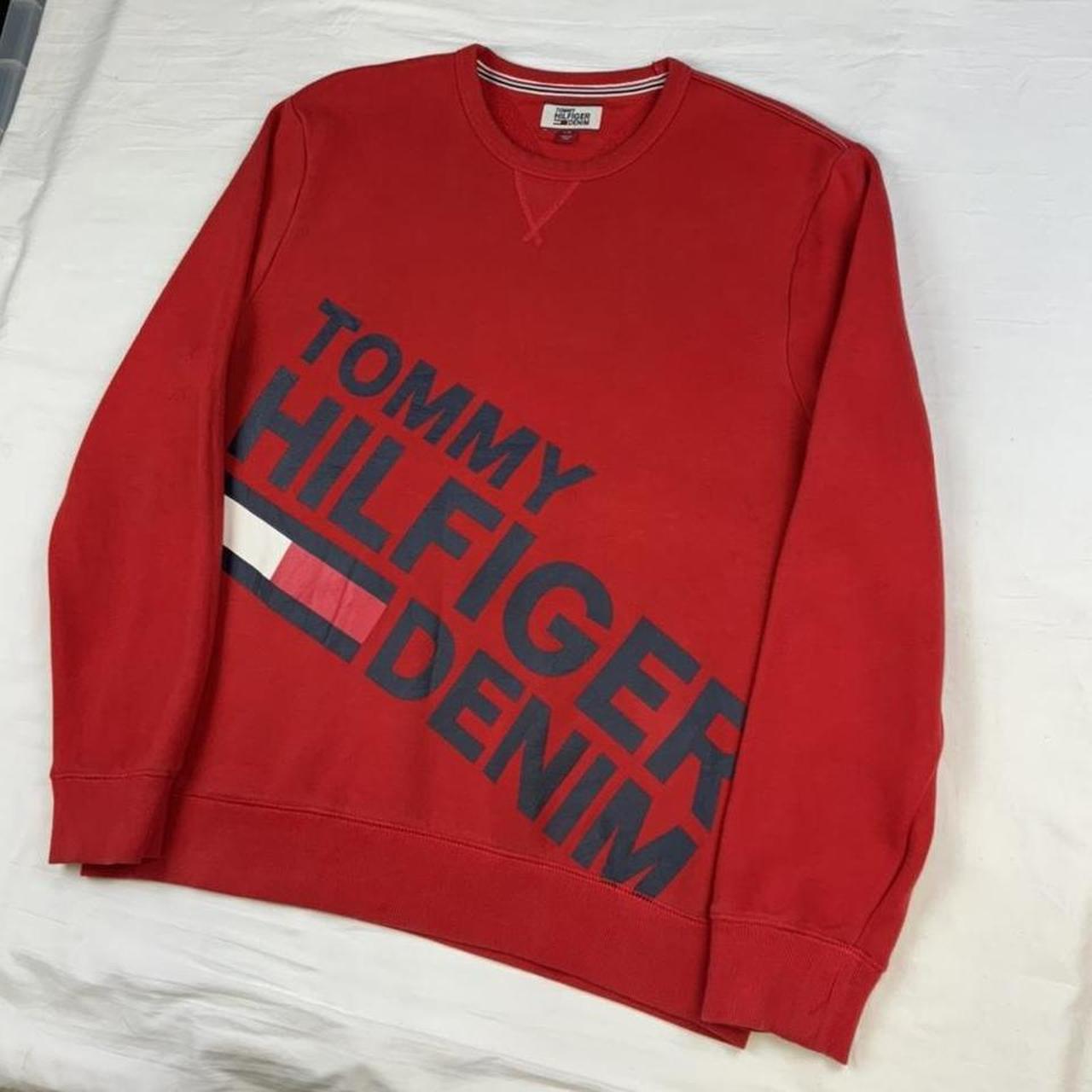 Vintage Tommy Hilfiger Denim Red diagonal spell out... - Depop