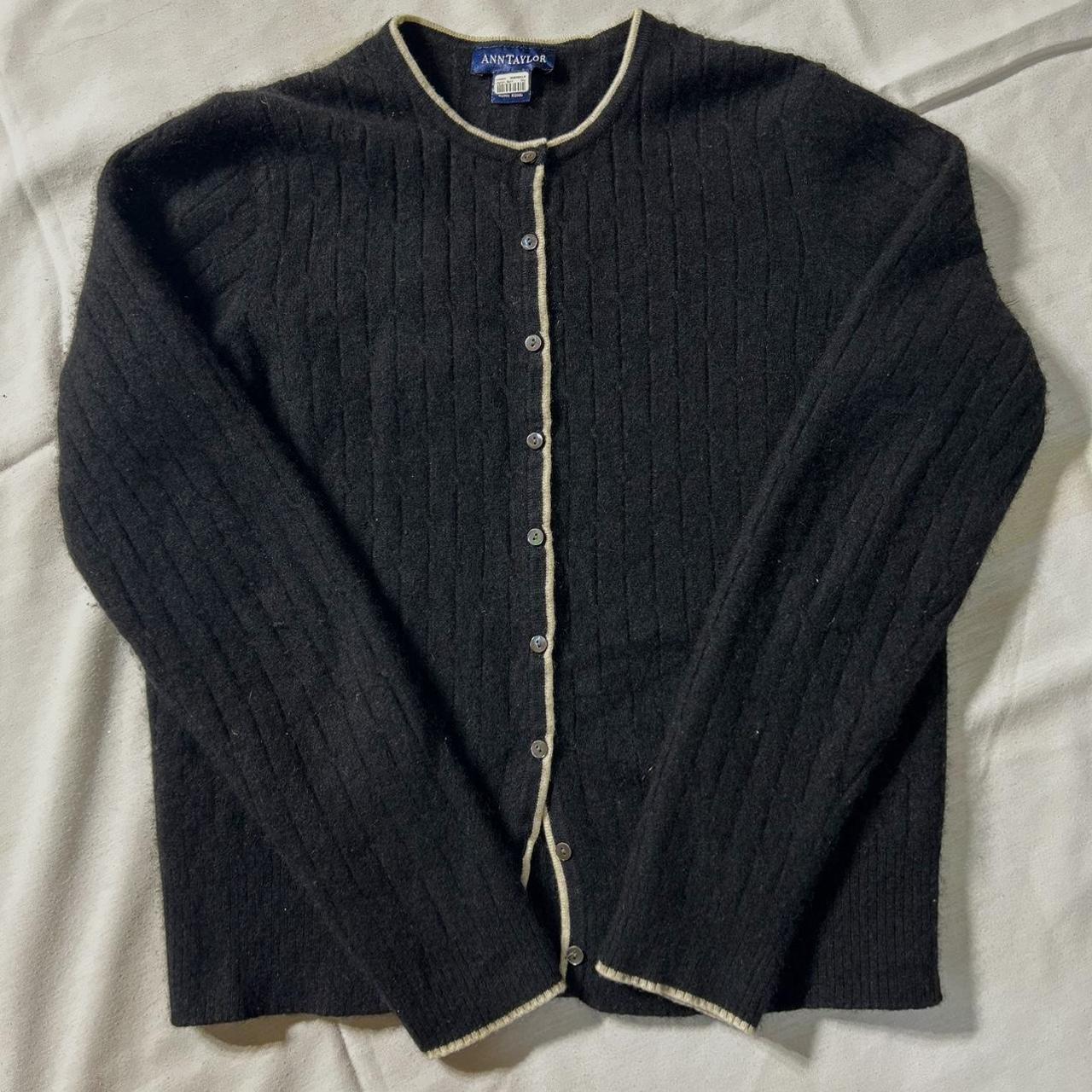 Vintage Black Wool Ann Taylor Cardigan with a White... - Depop