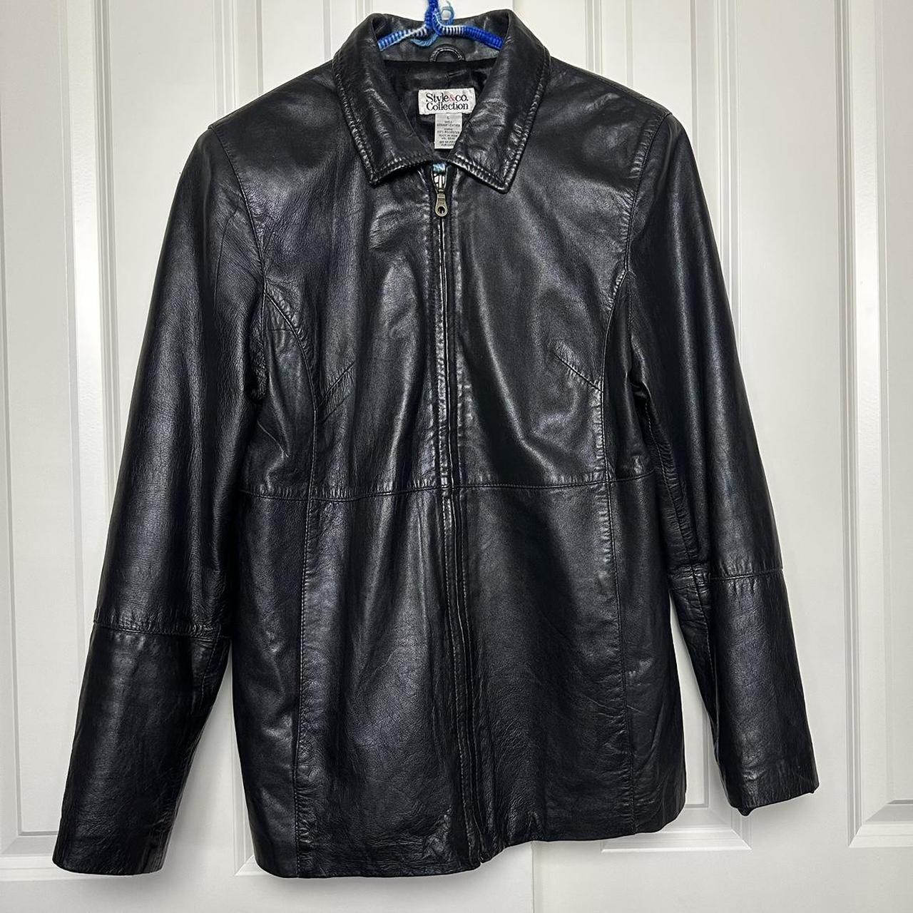 vintage 90s zip up black leather jacket by style and... - Depop