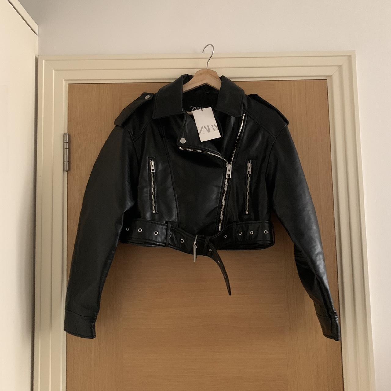 Zara black cropped faux leather jacket Viral biker... - Depop