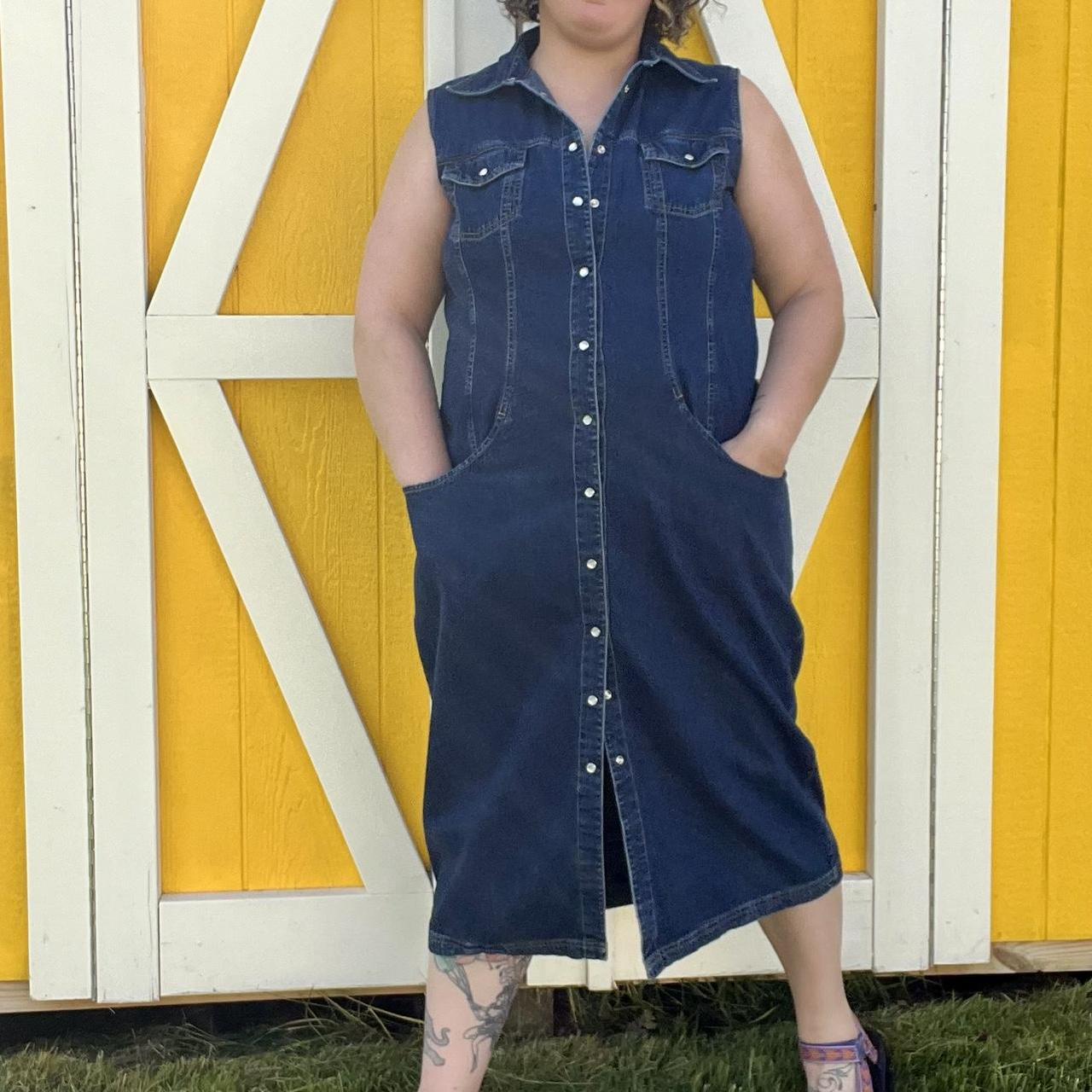 Dark blue denim plus size midi dress. Pearl snaps