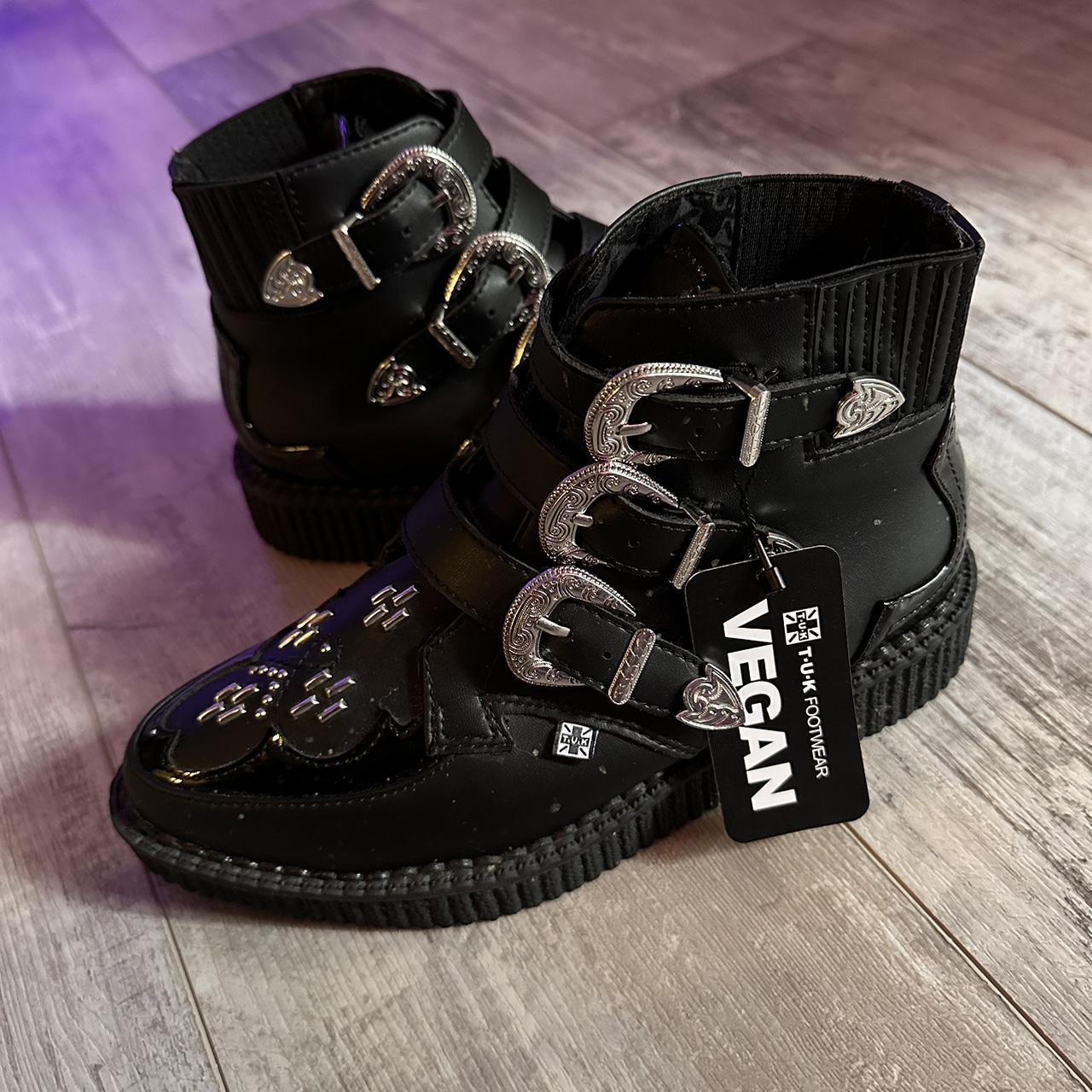 T.U.K pointed vegan creeper boots with multi buckle