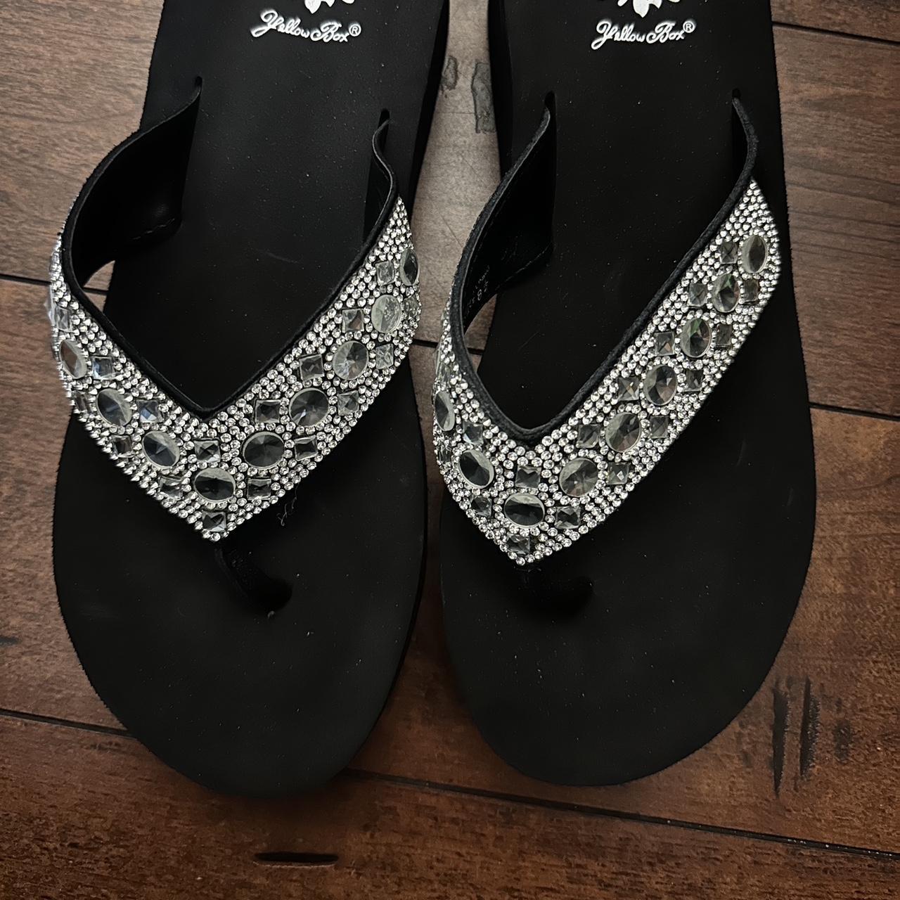 bedazzled wedged flip flops black sparkly flip flops... - Depop