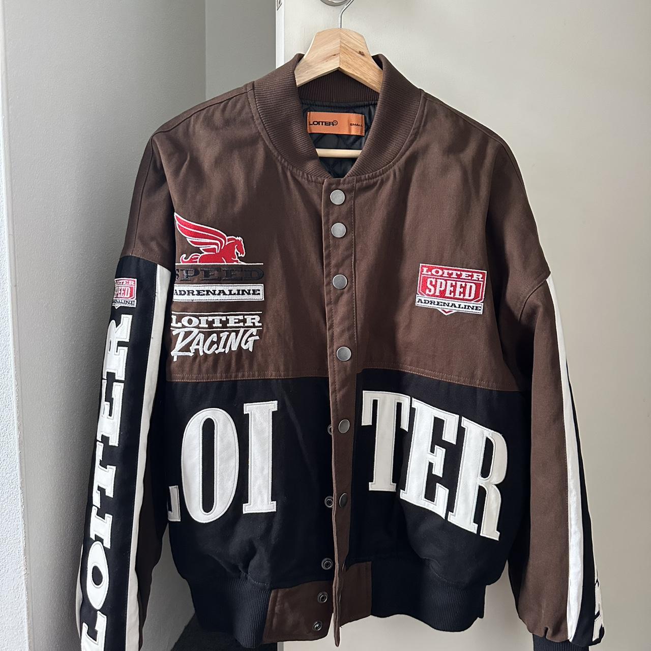 Brown and red LOITER RACING bomber jacket *only... | Depop