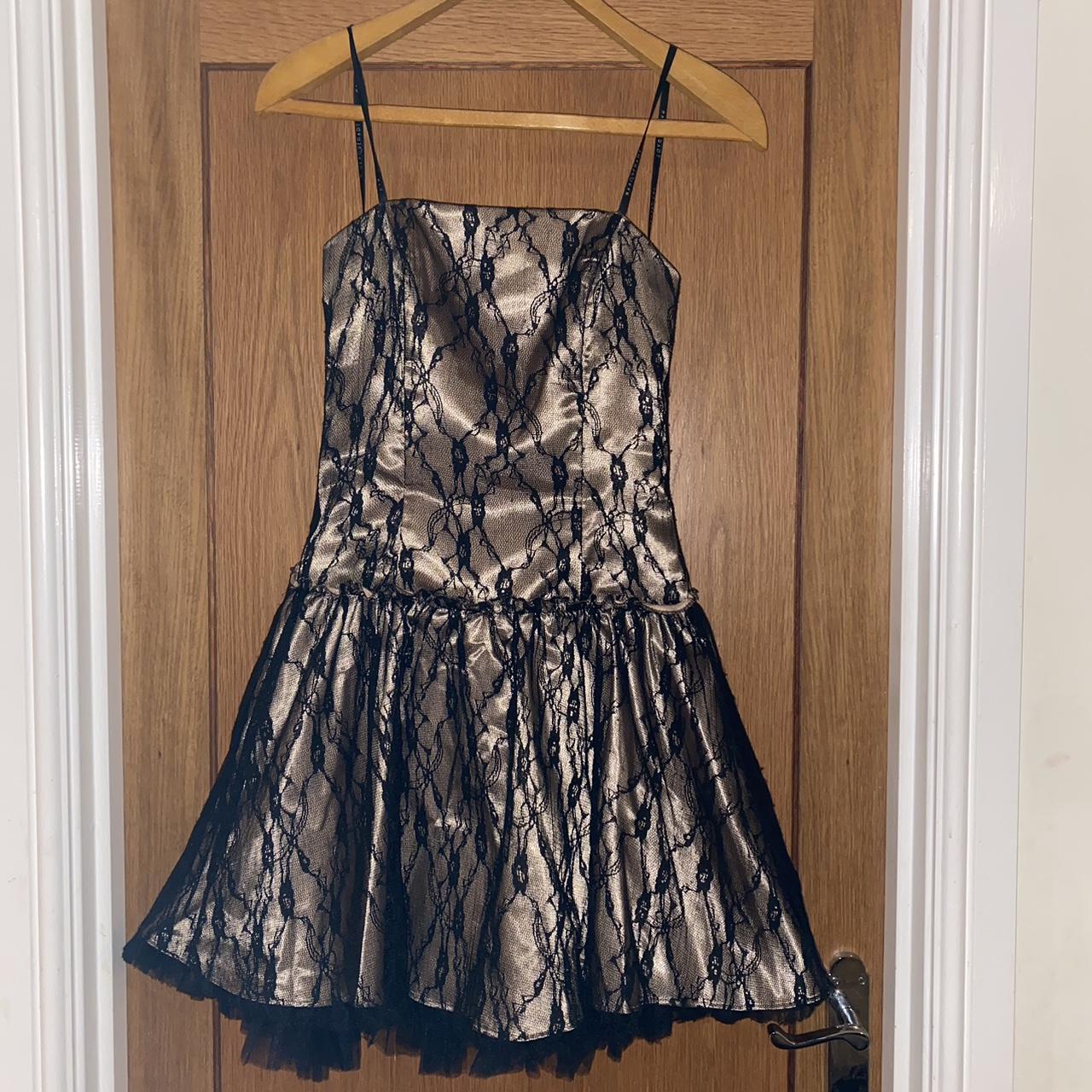 Midi gold dress with black lace detail -Worn... - Depop