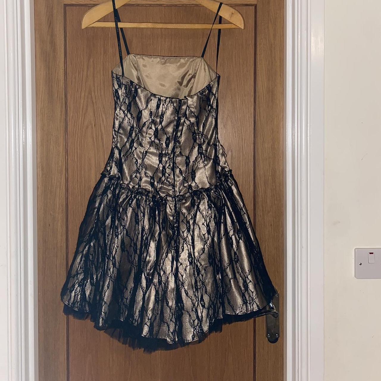Midi gold dress with black lace detail -Worn... - Depop