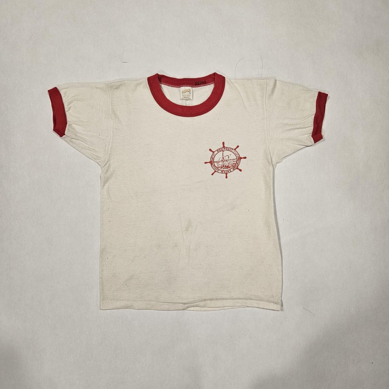 Vintage white ringer tee with a cool, embroidered... | Depop