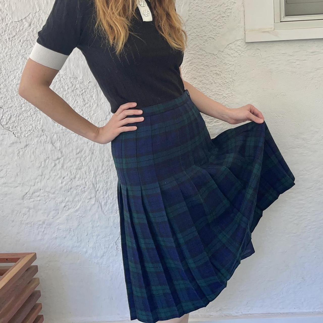 Vintage Plaid Pleated Wool Skirt Beautiful navy... - Depop