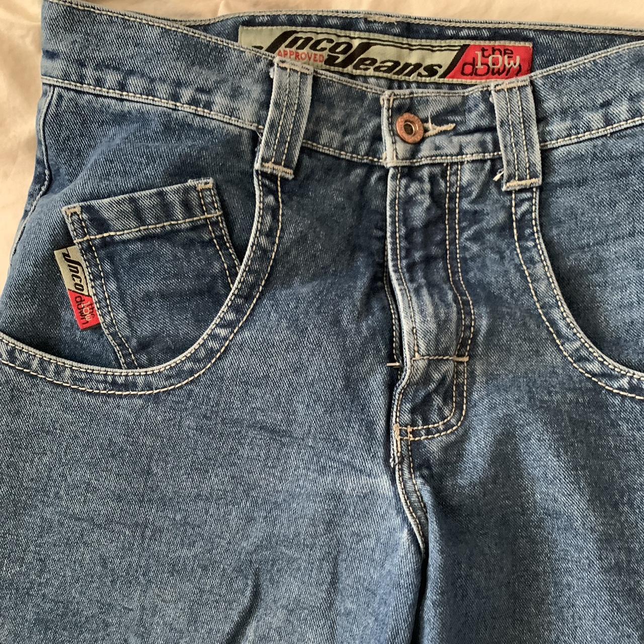 “Low down” jncos. Blue jeans with green embroidery.... - Depop