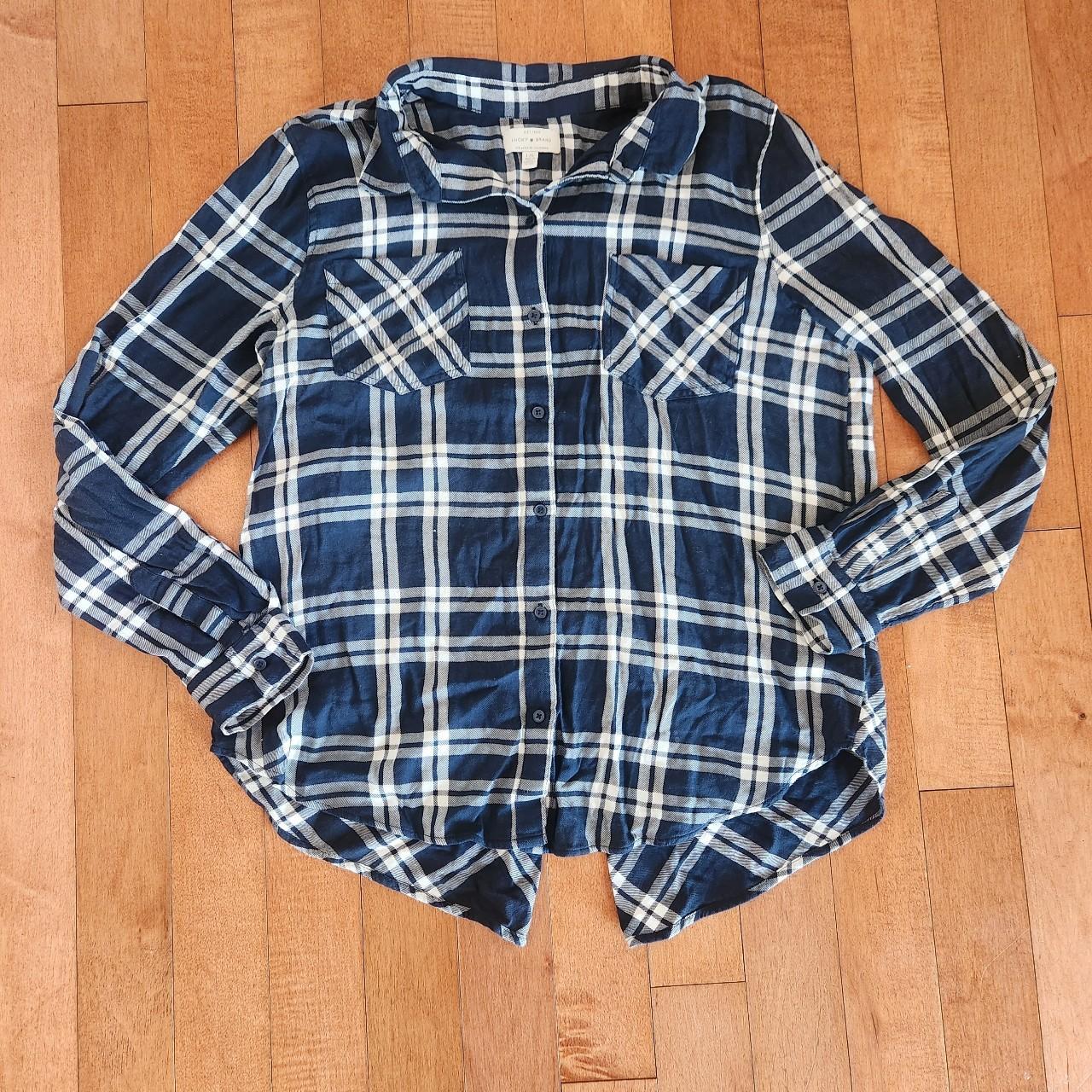 Lucky brand blue and white plaid button up flannel - Depop