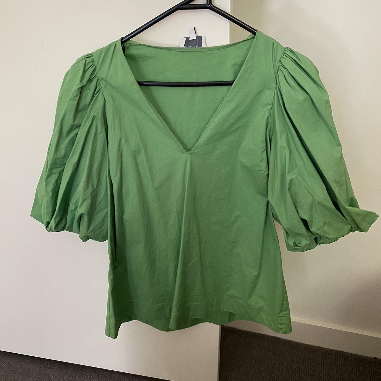 Witchery puff sleeve top in green Size 8 Excellent... - Depop