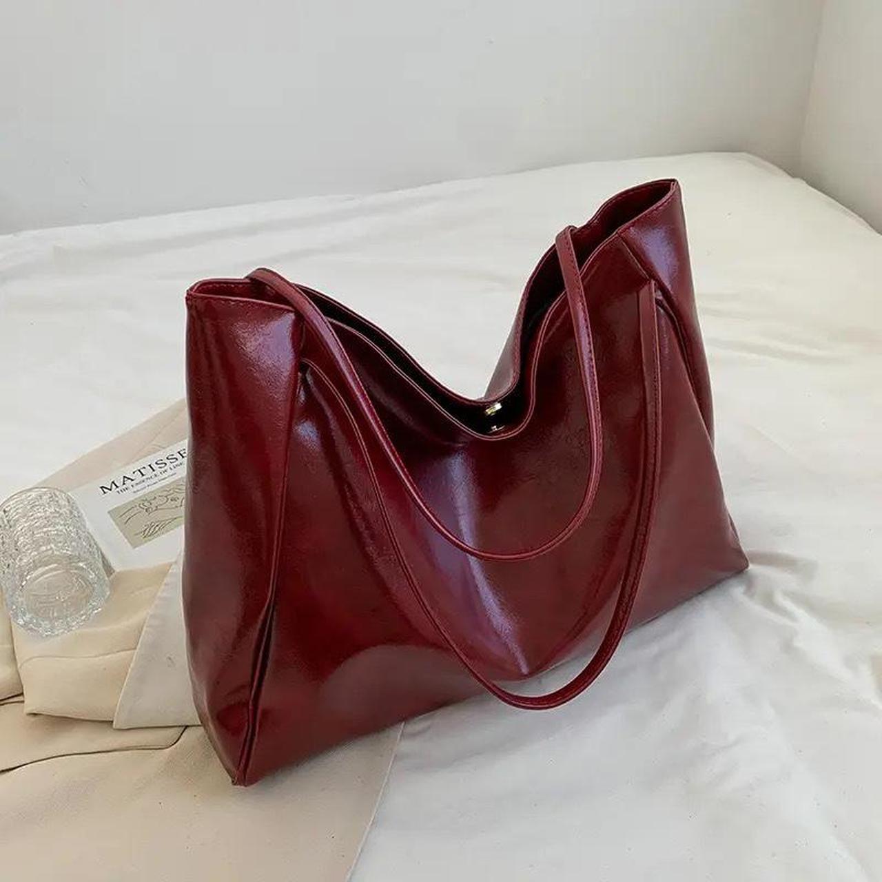 Y2K 90s style cherry red burgundy pu leather tote... - Depop