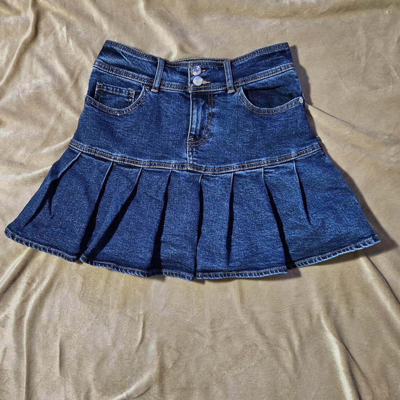 Blue pleated denim mini skirt Measurements Waist -... - Depop