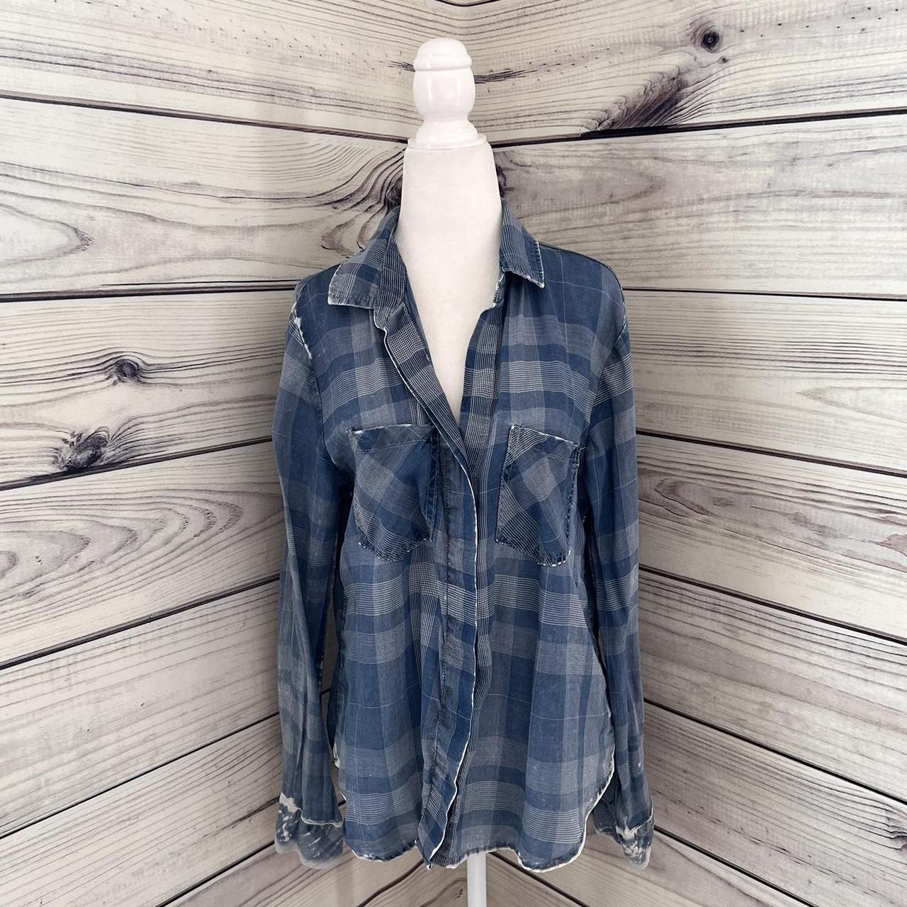 Bella Dahl Blue Denim Plaid Distressed Split Back...