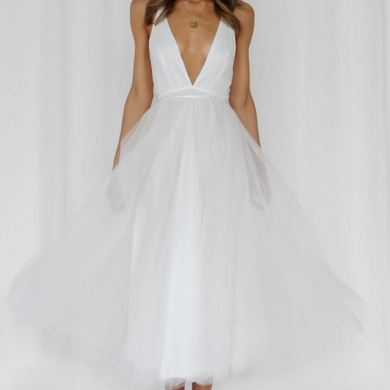 Hello Molly White Tulle Deep V Neck Midi Dress... Depop