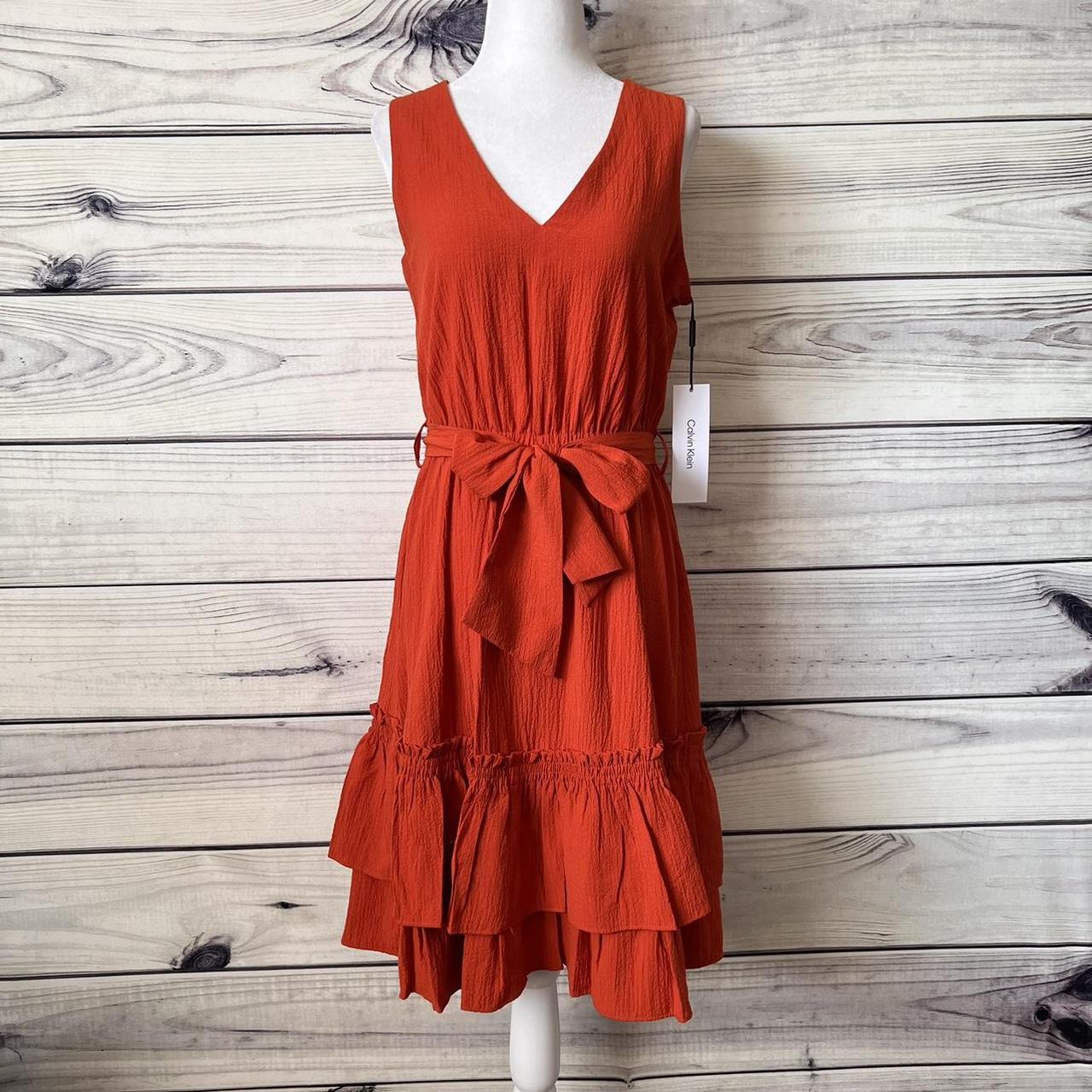 Calvin klein red ruffle dress hotsell