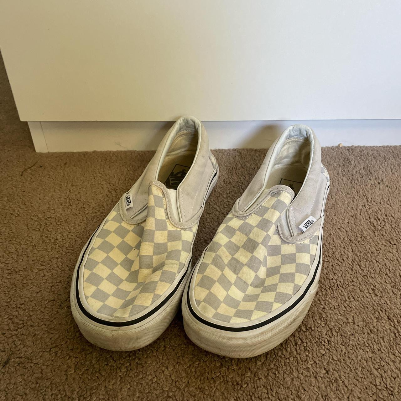 Gray and white checkered vans slip on Mens 7 womens. Depop