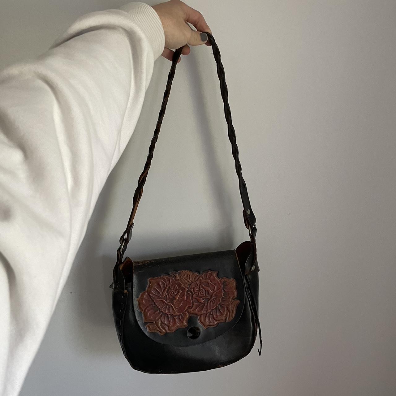 1970s Tooled Dark Brown Leather Satchel Shoulder Bag