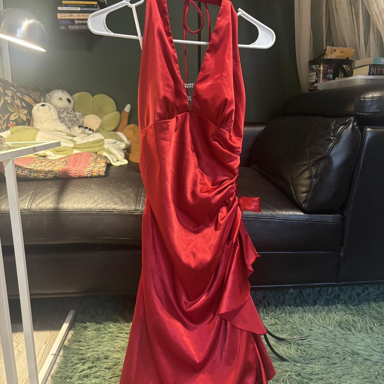 ruched halter top red silk dress with rhinestone/bow... - Depop