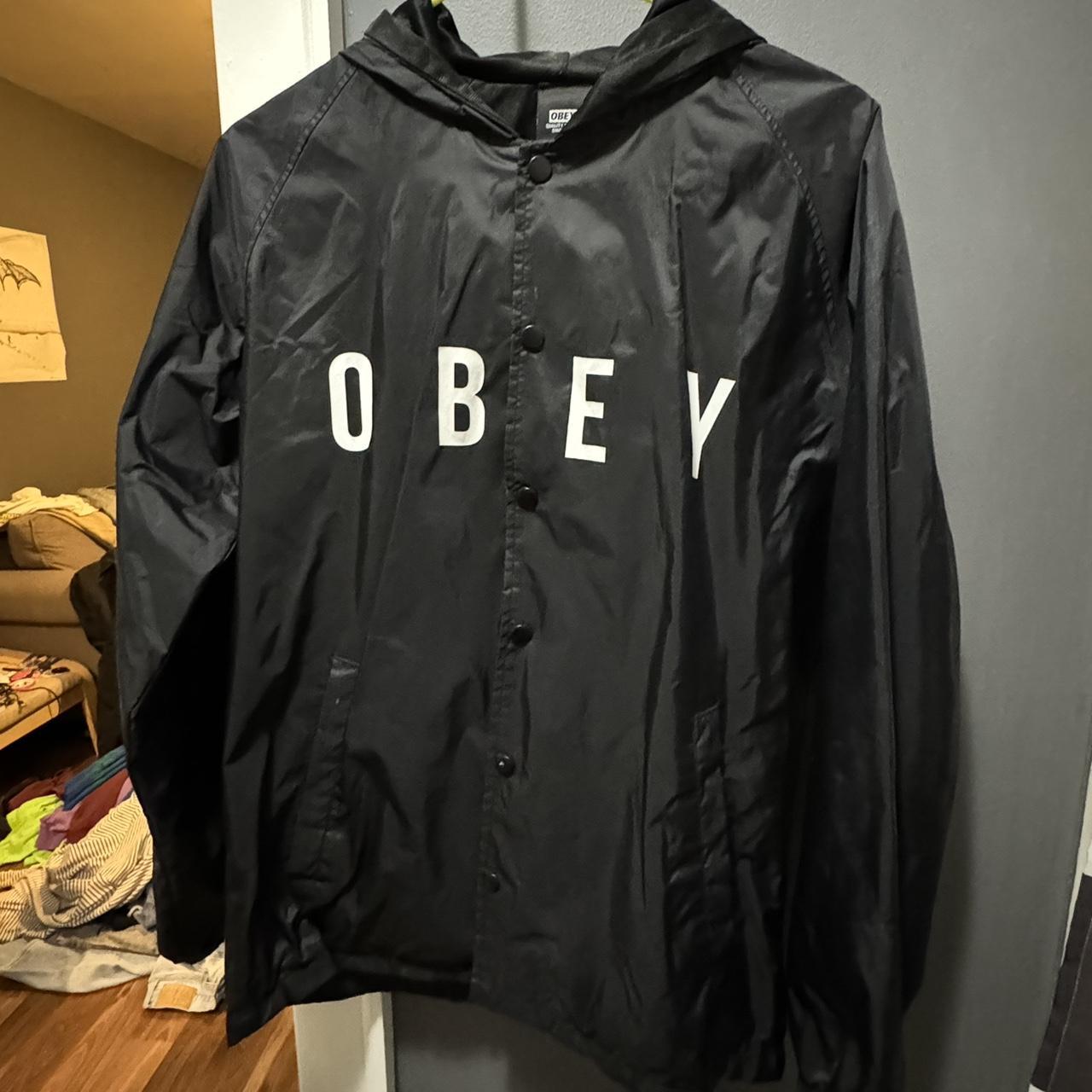 Obey black and white hooded windbreaker streetwear Depop