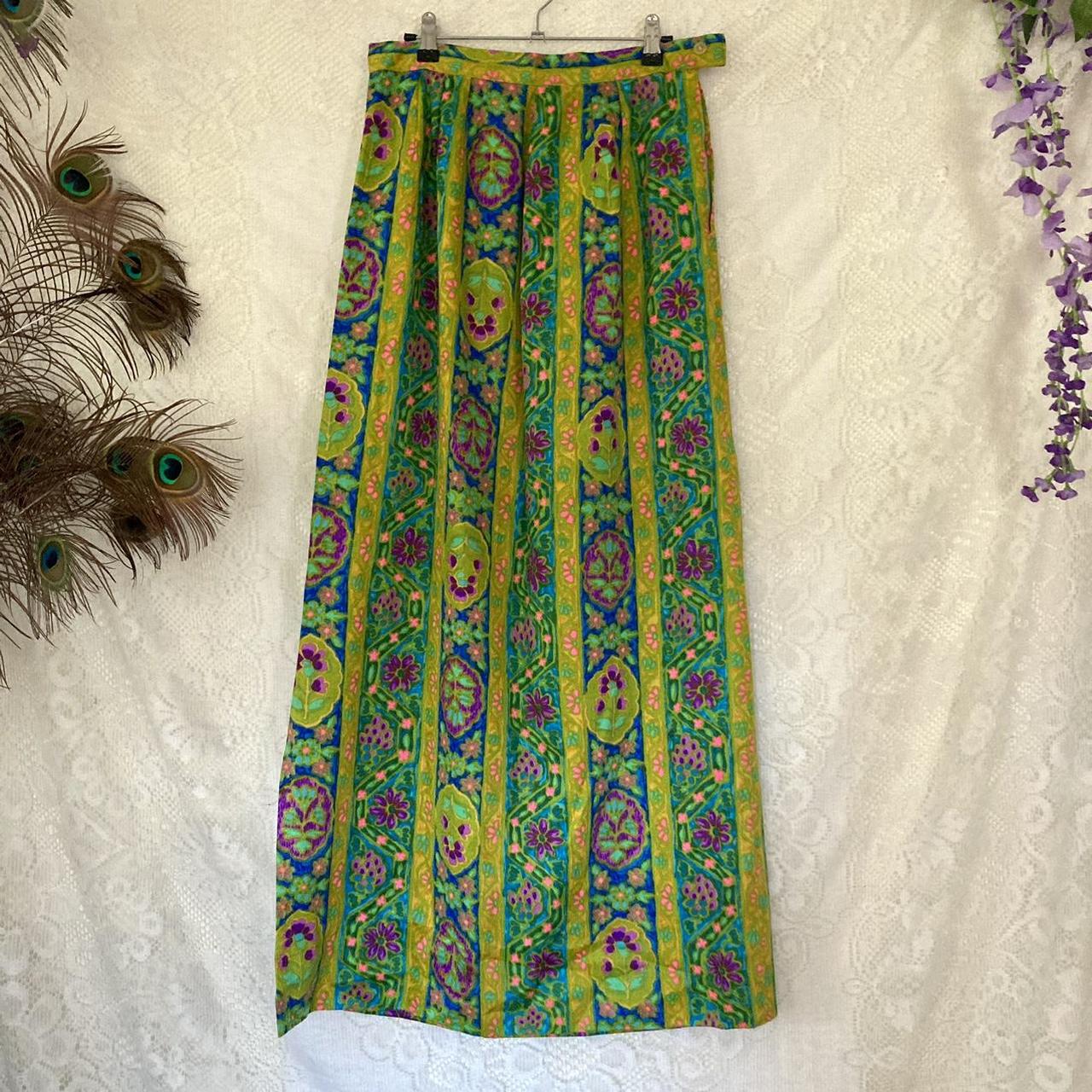 70s retro maxi skirt, floral ribbon design, extreme... - Depop